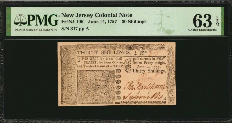 Colonial Notes

NJ-106. New Jersey. June 14, 1757. 30 Shillings. PMG Choice Un...