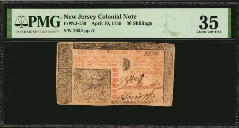 Colonial Notes

NJ-130. New Jersey. April 10, 1759. 30 Shillings. PMG Choice V...