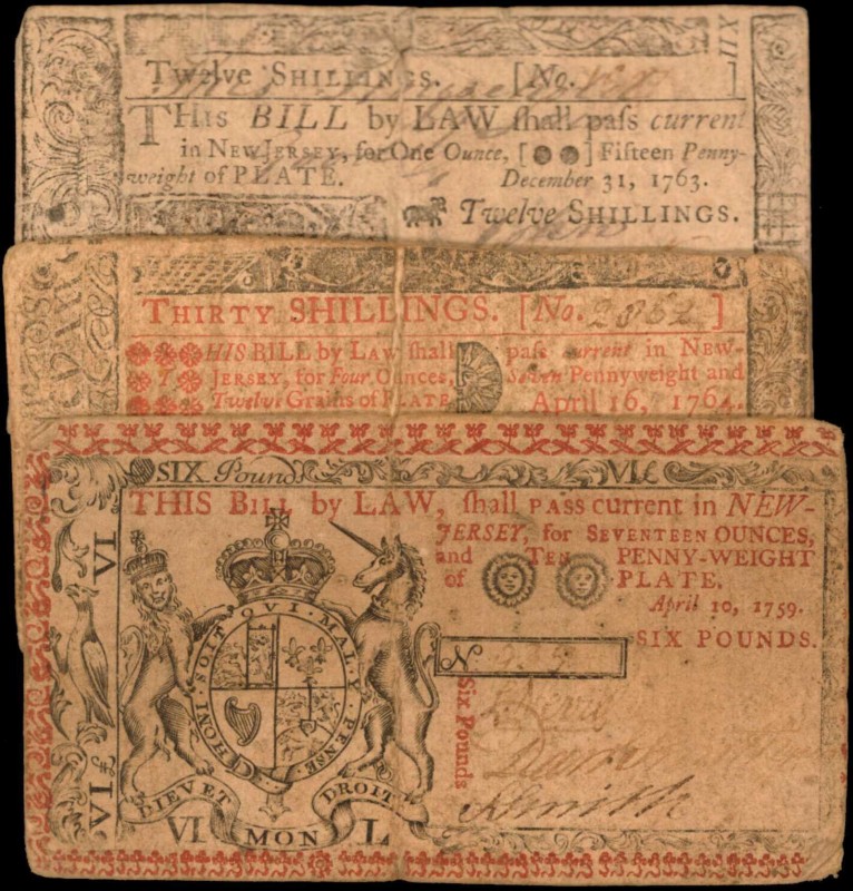 Colonial Notes

Lot of (3) NJ-132, 156 & 167. New Jersey. 1759-64. 12 & 30 Shi...