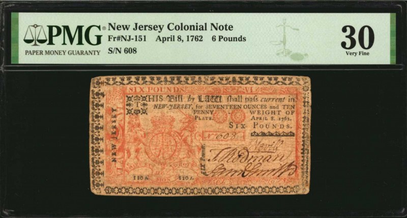 Colonial Notes

NJ-151. New Jersey. April 8, 1762. 6 Pounds. PMG Very Fine 30....