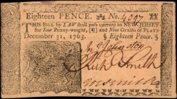 Colonial Notes

NJ-153. New Jersey. 1763. 18 Pence. Choice About Uncirculated.

No. 4097. The signatures remain legible and the serial number dark...