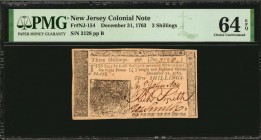Colonial Notes

NJ-154. New Jersey. December 31, 1763. 3 Shillings. PMG Choice Uncirculated 64 EPQ.

No.3128. Signed by Johnston, Smith and Smith....