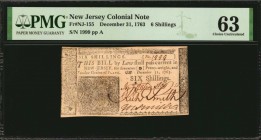 Colonial Notes

NJ-155. New Jersey. December 31, 1763. 6 Shillings. PMG Choice Uncirculated 63.

No.1999. Signed by Johnston, Smith and Smith. Imp...