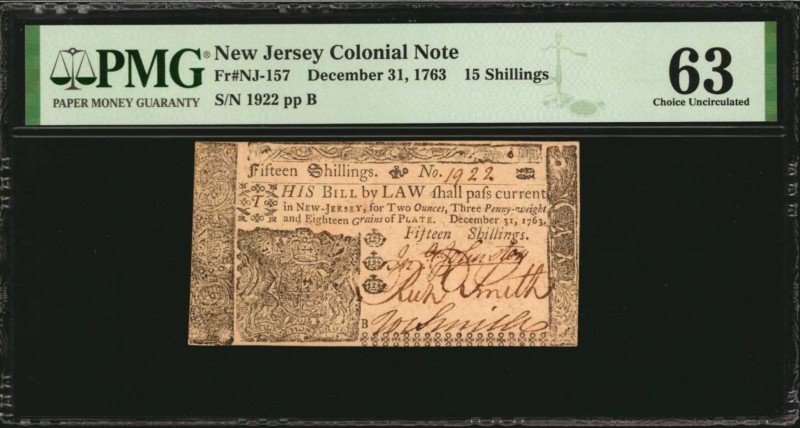 Colonial Notes

NJ-157. New Jersey. December 31, 1763. 15 Shillings. PMG Choic...