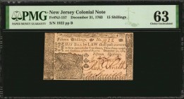 Colonial Notes

NJ-157. New Jersey. December 31, 1763. 15 Shillings. PMG Choice Uncirculated 63.

No.1922. Signed by Johnston, Smith and Smith. A ...