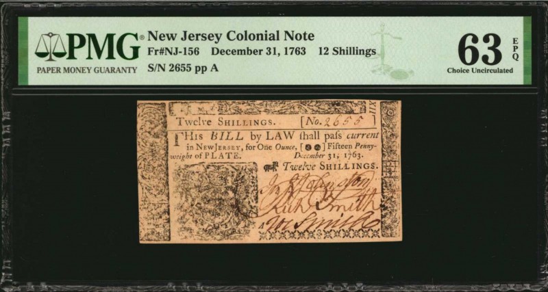 Colonial Notes

NJ-156. New Jersey. December 31, 1763. 12 Shillings. PMG Choic...