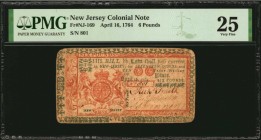 Colonial Notes

NJ-169. New Jersey. April 16, 1764. 6 Pounds. PMG Very Fine 25.

No.801. A mid-grade 6 Pound note from this red and blue printed N...