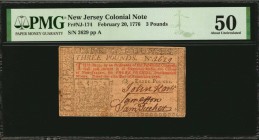 Colonial Notes

NJ-174. New Jersey. February 20, 1776. 3 Pounds. PMG About Uncirculated 50.

No.2629. An exceptionally bold (and large) John Hart ...