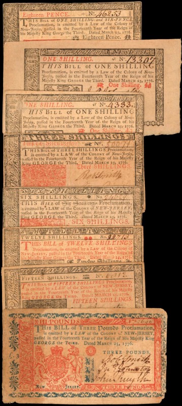 Colonial Notes

Lot of (8) NJ-175, 176, 177, 179, 180 & 182. New Jersey. 1776....