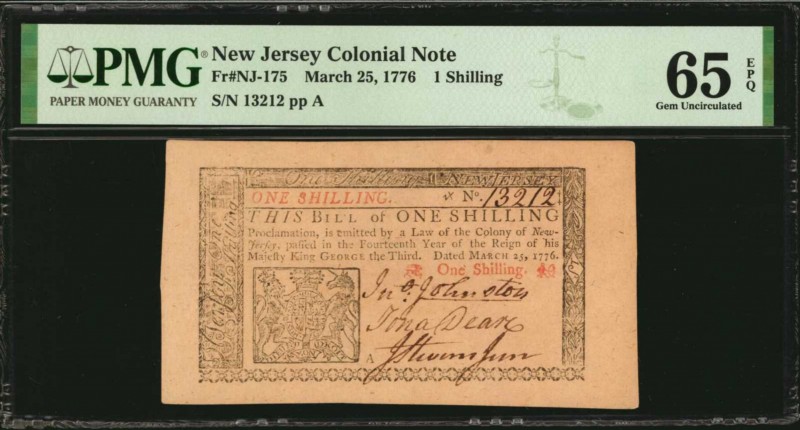 Colonial Notes

NJ-175. New Jersey. March 25, 1776. 1 Shilling. PMG Gem Uncirc...