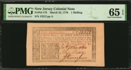 Colonial Notes

NJ-175. New Jersey. March 25, 1776. 1 Shilling. PMG Gem Uncirculated 65 EPQ.

No.13212. Signed by Johnston, Dean and Thomson. Jumb...