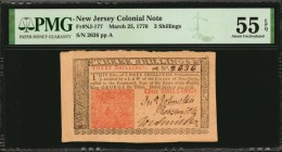 Colonial Notes

NJ-177. New Jersey. March 25, 1776. 3 Shillings. PMG About Uncirculated 55 EPQ.

No.2936. Signed by Johnston, Smith and Smith. Sha...