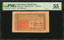 Colonial Notes

NJ-178. New Jersey. March 25, 1776. 6 Shillings. PMG About Uncirculated 55.

No.10705. Signed by Johnston, Smith and Smith. Bold e...