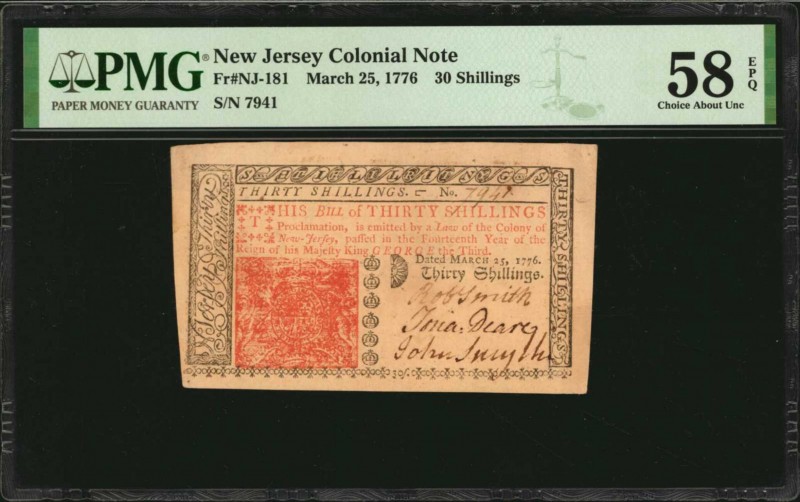 Colonial Notes

NJ-181. New Jersey. March 25, 1776. 30 Shillings. PMG Choice A...