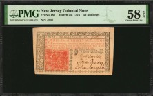 Colonial Notes

NJ-181. New Jersey. March 25, 1776. 30 Shillings. PMG Choice About Uncirculated 58 EPQ.

No.7941. Signed by Smith, Dean and Smyth....