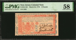 Colonial Notes

NJ-182. New Jersey. March 25, 1776. 3 Pounds. PMG Choice About Uncirculated 58.

No.3485. Signed by Johnston, Smith and Smith. Vib...