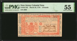 Colonial Notes

NJ-182. New Jersey. March 25, 1776. 3 Pounds. PMG About Uncirculated 55.

No.3989. Signed by Johnston, Smith and Smith. Bright blu...