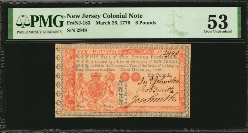 Colonial Notes

NJ-183. New Jersey. March 25, 1776. 6 Pounds. PMG About Uncirc...