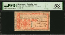 Colonial Notes

NJ-183. New Jersey. March 25, 1776. 6 Pounds. PMG About Uncirculated 53.

No.2949. Signed by Johnston, Smith and Smith. Boldly pri...