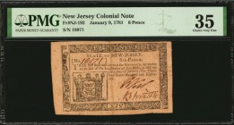 Colonial Notes

NJ-192. New Jersey. January 9, 1781. 6 Pence. PMG Choice Very Fine 35.

No.18071. Two signatures. Exceptionally bold inks and plen...
