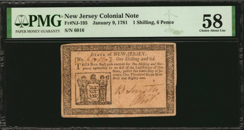 Colonial Notes

NJ-195. New Jersey. January 9, 1781. 1 Shilling, 6 Pence. PMG ...