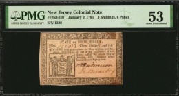 Colonial Notes

NJ-197. New Jersey. January 9, 1781. 3 Shillings, 6 Pence. PMG About Uncirculated 53.

No.1228. Two signatures. A high end example...