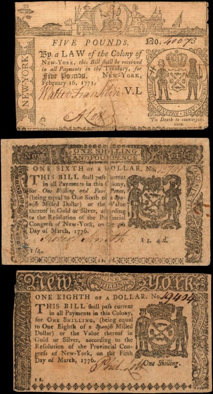 Colonial Notes

Lot of (3) NY-166, NY-185 & NY-186. New York. 1771 & 1776. $1/...