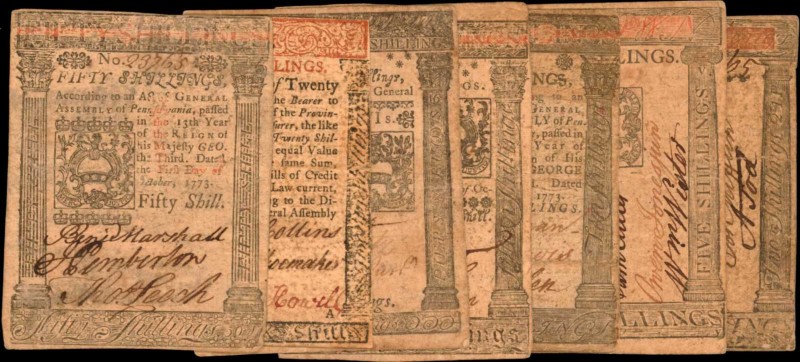 Colonial Notes

Lot of (7) PA-149, 162, 164, 166, 167, 168 & 170. Pennsylvania...
