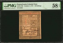 Colonial Notes

PA-169. Pennsylvania. October 1, 1773. 20 Shillings. PMG Choice About Uncirculated 58 EPQ.

No.23299. Signed by Hartley, Tod and M...