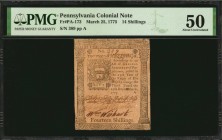 Colonial Notes

PA-173. Pennsylvania. March 25, 1775. 14 Shillings. PMG About Uncirculated 50.

No.389. Three signatures. A lightly circulated and...