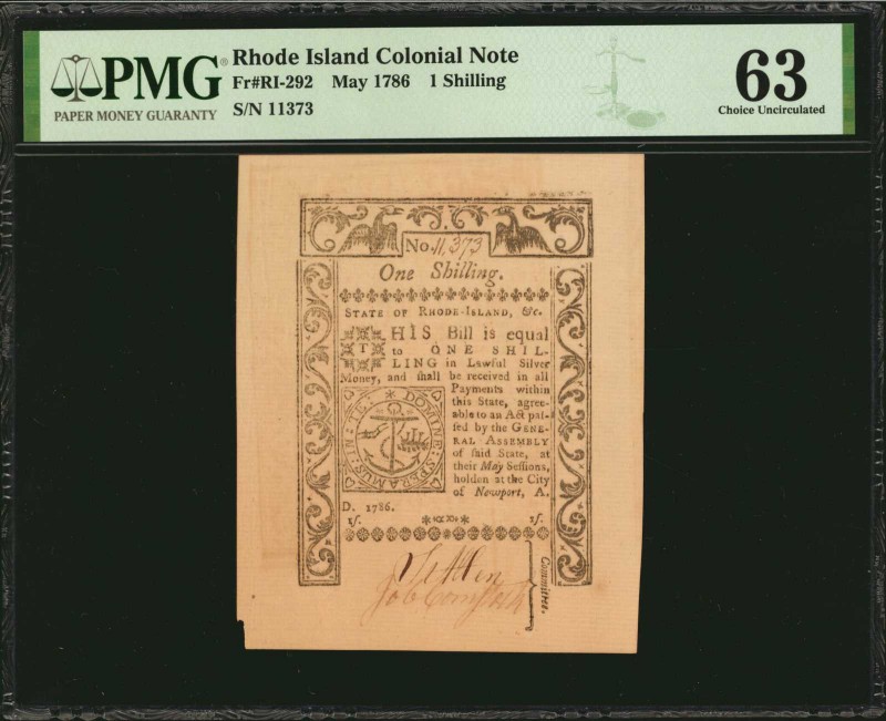 Colonial Notes

RI-292. Rhode Island. May 1786. 1 Shilling. PMG Choice Uncircu...