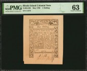 Colonial Notes

RI-292. Rhode Island. May 1786. 1 Shilling. PMG Choice Uncirculated 63.

No.11373. Two signatures. Exceptional embossing is featur...