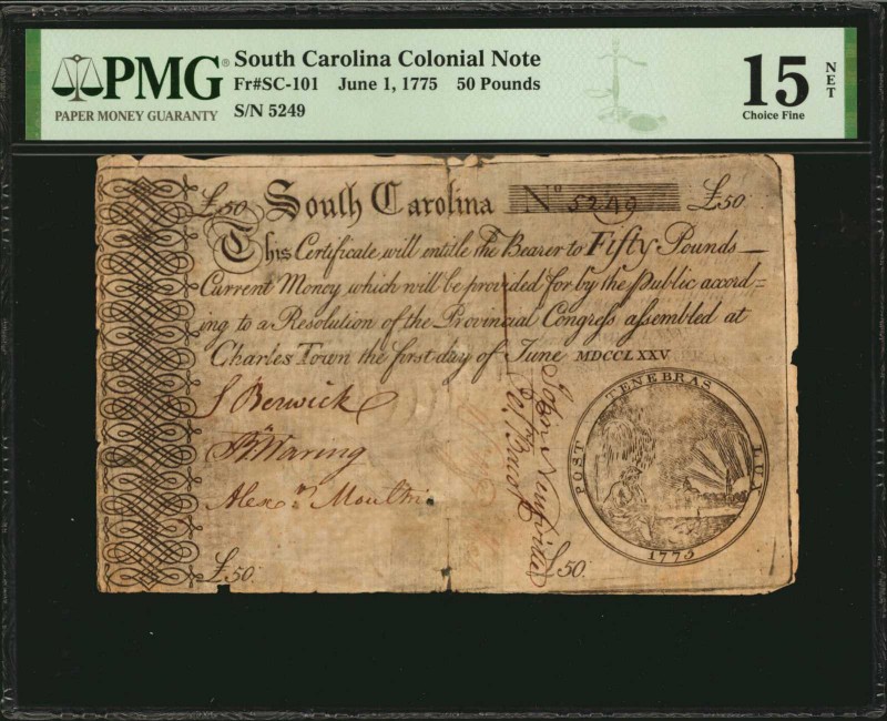 Colonial Notes

SC-101. South Carolina. June 1, 1775. 50 Pound. PMG Choice Fin...