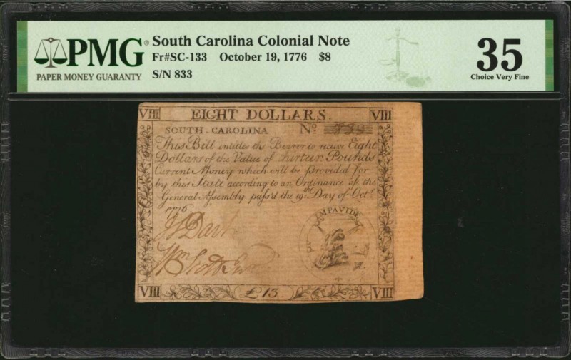 Colonial Notes

SC-133. South Carolina. October 19, 1776. $8. PMG Choice Very ...