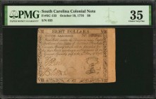 Colonial Notes

SC-133. South Carolina. October 19, 1776. $8. PMG Choice Very Fine 35.

No.833. Two signatures. Motto IMPAVIDE meaning "fearless" ...