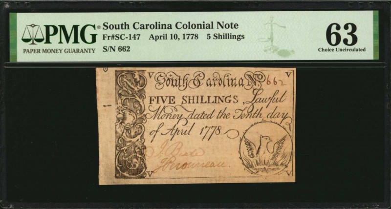 Colonial Notes

SC-147. South Carolina. April 10, 1778. 5 Shillings. PMG Choic...
