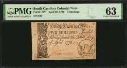 Colonial Notes

SC-147. South Carolina. April 10, 1778. 5 Shillings. PMG Choice Uncirculated 63.

No.662. No signatures. Sharply inked design elem...
