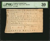 Colonial Notes

VA-169. Virginia. May 3, 1779. $50. PMG Very Fine 30.

No.16688. Signed by Cooke and Craig. Bright paper and bold inks are found o...