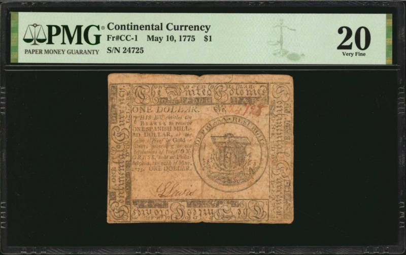 Continental Currency

CC-1. Continental Currency. May 10, 1775. $1. PMG Very F...