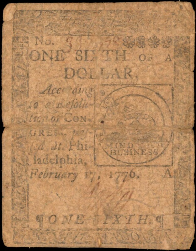 Continental Currency

CC-19. Continental Currency. 1776. $1/6. Very Good.

A...