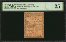 Continental Currency

CC-20. Continental Currency. February 17, 1776. $1/3. PMG Very Fine 25.

No.592504. Signed by Wheten. An evenly circulated, ...