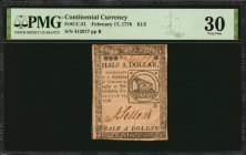 Continental Currency

CC-21. Continental Currency. February 17, 1776. $1/2. PMG Very Fine 30.

No.412877. Signed by Sellers. A bright and lightly ...