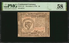 Continental Currency

CC-53. Continental Currency. November 2, 1776. $8. PMG Choice About Uncirculated 58.

No.64774. Bright, lightly handled pape...