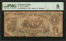 Alabama

Mobile, Alabama. Mayor C.F. Moulton. 1873 $1. PMG Very Good 8.

Rosene 187D-5. Central vignette of Agriculture, Commerce, and Justice. El...