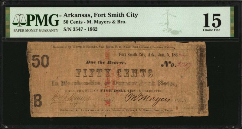 Arkansas

Fort Smith City, Arkansas. M. Mayer's & Bro. 1862 50 Cents. PMG Choi...