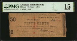 Arkansas

Fort Smith City, Arkansas. M. Mayer's & Bro. 1862 50 Cents. PMG Choice Fine 15.

The Mayer's brothers were druggists in Fort Smith and t...