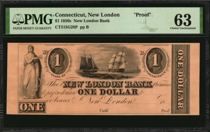 Connecticut

New London, Connecticut. New London Bank. 1850s. $1. PMG Choice U...