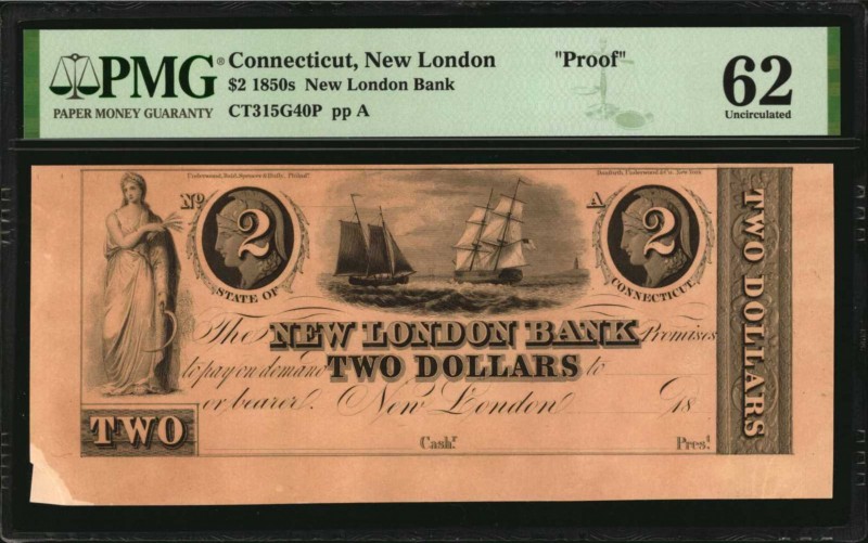 Connecticut

New London, Connecticut. New London Bank. 1850s. $2. PMG Uncircul...