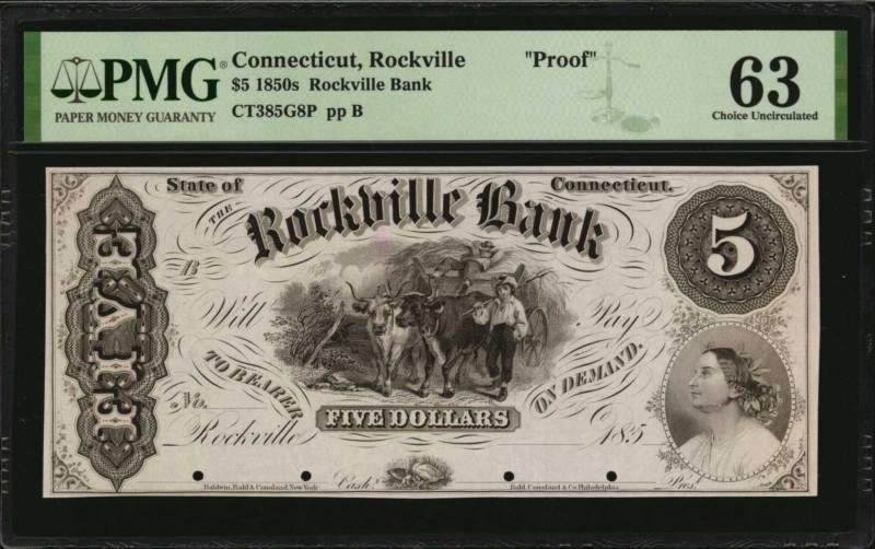 Connecticut

Rockville, Connecticut. Rockville Bank. 1850s. $5. PMG Choice Unc...