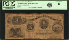 Washington, District of Columbia

District of Columbia, Washington. Bank of the United States. November 25, 1852 $3. PCGS Currency Very Good 8.

T...